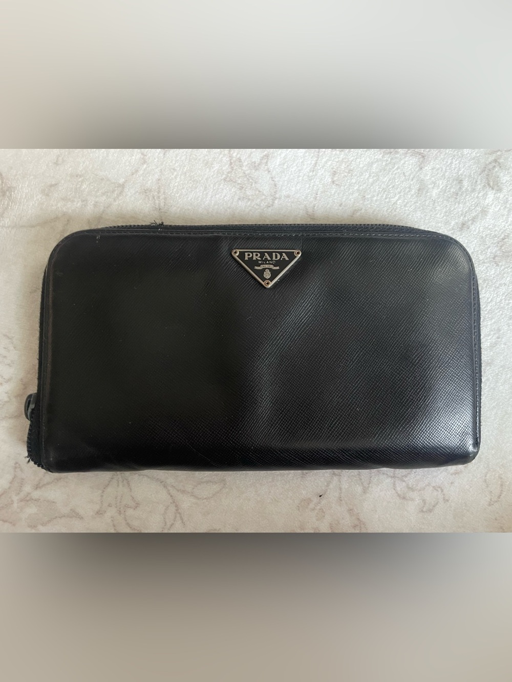 Prada Black Saffiano Leather Zipper Wallet with Triangular Logo - with COA